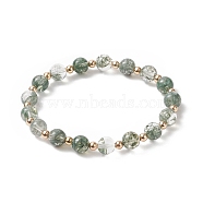 Glass Imitation Green Quartz & Brass Beaded Stretch Bracelet for Women, Golden, Inner Diameter: 2-1/4 inch(5.6cm)(BJEW-JB09187)