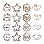 Spritewelry 32Pcs 8 Style UV Plated Alloy Pendants, with Crystal Rhinestone, Heart & Star & Clover & Flat Round, Platinum & Light Gold, 18~24x18~21.5x3~4mm, Hole: 1.5~3mm, 4pcs/style(FIND-SW0001-16)