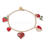 Rose & Heart & Strawberry Alloy Enamel Charm Bracelet with 304 Stainless Steel Chains for Valentine's Day, Red, 7-3/4 inch(19.6cm)(BJEW-JB09545)