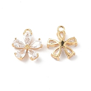Brass Pendants with Clear Glass, Flower Charms, Real 18K Gold Plated, 13x11x3.5mm, Hole: 1.5mm(KK-E068-VF252)