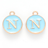 Golden Plated Alloy Enamel Charms, Cadmium Free & Lead Free, Enamelled Sequins, Flat Round with Letter, Sky Blue, Letter.N, 14x12x2mm, Hole: 1.5mm(X-ENAM-S118-04N)