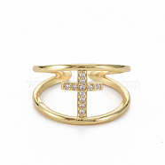 Brass Micro Pave Clear Cubic Zirconia Cuff Rings, Open Rings, Nickel Free, Cross, Real 16K Gold Plated, US Size 6 1/2(16.9mm)(RJEW-Q164-025-NF)
