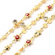 Enamel Star with Evil Eye & Brass Flat Round Link Chains, with Clear Glass Charms, Soldered, with Spools, Real 18K Gold Plated, Red, 11x6x2.7mm, 10.5x5.5x2.3mm(CHC-C003-01G-04)