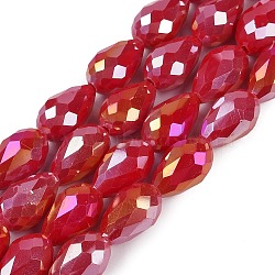 Opaque Solid Color Electroplate Glass Beads Strands, AB Color Plated, Faceted, Teardrop, Crimson, 8x6mm, Hole: 1.2mm, about 65~67pcs/strand, 20.08 inch(51cm)(EGLA-N013-P6mm-B07)