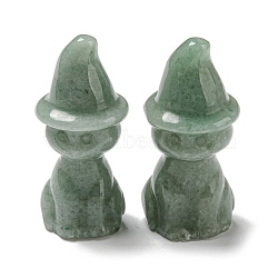 Natural Green Aventurine Carved Healing Cat with Witch Hat Figurines, Reiki Energy Stone Display Decorations, 48~50x19~21mm(DJEW-D012-07F)
