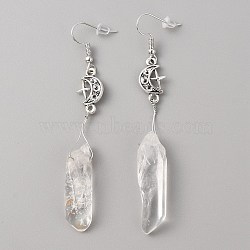 Natural Quartz Crystal Bullet with Moon Dangle Earrings, Alloy Wire Wrap Long Drop Earrings for Women, Antique Silver & Platinum, 78mm, Pin: 0.6mm(EJEW-WH0009-41)