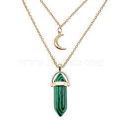 Natural Malachite Cone Pendant Double Layer Necklace, with Moon Charms, 19.69 inch(50cm)(UX9990-20)