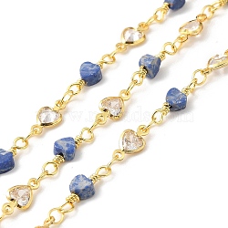 Handmade Heart Natural Sodalite Beaded Chains, Real 18K Gold Plated Star Brass Cubic Zirconia Chains, Soldered, with Spool, Cadmium Free & Lead Free, Cubic Zirconia: 9x4x2mm, Sodalite: 13x4x2.5~3mm(CHC-M024-18G)