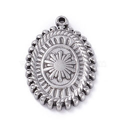 304 Stainless Steel Pendants,  Oval with Flower, Stainless Steel Color, 19.5x13.5x2mm, Hole: 0.8mm(STAS-P288-05P)