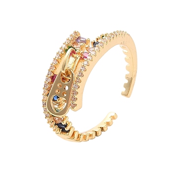 Brass Micro Pave Cubic Zirconia Open Cuff Rings, Zipper, Colorful, Inner Diameter: 18mm