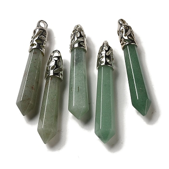 Natural Green Aventurine Pointed Big Pendants, Faceted Bullet Charms with Rack Plating Platinum Plated Brass Findings, 56~65x11~11.5x10~10.5mm, Hole: 4X3mm