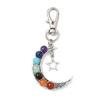 Wire Wrapped Chakra Synthetic & Natural Mixed Stone & Alloy Moon Pendant Decorations, with Swivel Lobster Claw Clasps, Star, 72mm, Pendants: 41.5x34.5x8.5mm