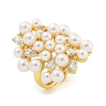 Brass Micro Pave Cubic Zirconia Finger Rings, with ABS Plastic Pearl, Adjustable Rings for Women, Real 18K Gold Plated, Inner Diameter: US Size 6 3/4(17.1mm)