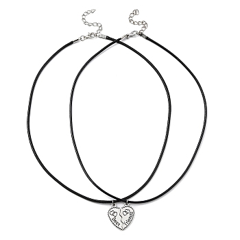 2Pcs 2 Style Alloy Split Heart Matching Pendant Necklaces Set, Word Best Friends Necklaces with Imitation Leather Cords, Antique Silver, 17.72 inch(45cm), 1Pc/style