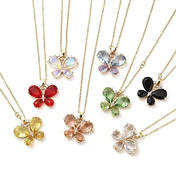 Butterfly Light Gold Brass Micro Pave Cubic Zirconia Pendant Necklaces, with Glass, Mixed Color, 16.22 inch(41.2cm)