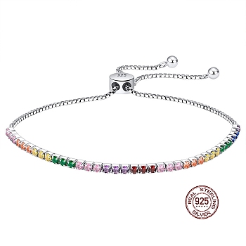 Colorful Cubic Zirconia Tennis Bracelet, Adjustable Rhodium Plated 925 Sterling Silver Slider Bracelets, with 925 Stamp, Platinum, 6-1/4~9-1/8 inch(16~23cm)