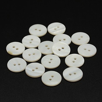 2-Hole Shell Flat Round Buttons, Seashell Color, 14x2mm, Hole: 1.5mm