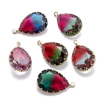 Two Tone Transparent Glass Pendants, with Golden Plated Brass Settings, Faceted, Teardrop, Colorful, 31x19x9mm, Hole: 2mm