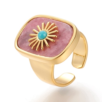Natural Rhodochrosite & Turquoise Cuff Rings, Open Rings, Long-Lasting Plated, Rectangle with Sun, Real 18K Gold Plated, Size 7, Inner Diameter: 17mm