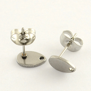 304 Stainless Steel Stud Earring Findings, with Loop and Flat Plate, Teardrop, Stainless Steel Color, 8x5mm, Hole: 1mm, pin: 0.8mm