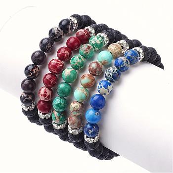 Natural Imperial Jasper(Dyed) & Lava Rock Stretch Bracelets, with Brass Rhinestone Spacer Beads, Round, 2 inch(53mm), 5strands/set
