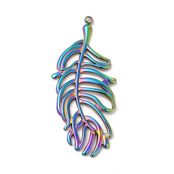 Ion Plating(IP) 304 Stainless Steel Big Pendants, Feather Charm, Rainbow Color, 50x22x2mm, Hole: 1.6mm
