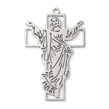 304 Stainless Steel Pendants, Jesus with Cross, Stainless Steel Color, 55x35x1.5mm, Hole: 2mm