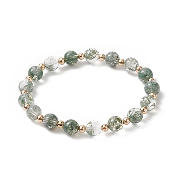 Glass Imitation Green Quartz & Brass Beaded Stretch Bracelet for Women, Golden, Inner Diameter: 2-1/4 inch(5.6cm)