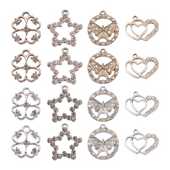 Spritewelry 32Pcs 8 Style UV Plated Alloy Pendants, with Crystal Rhinestone, Heart & Star & Clover & Flat Round, Platinum & Light Gold, 18~24x18~21.5x3~4mm, Hole: 1.5~3mm, 4pcs/style