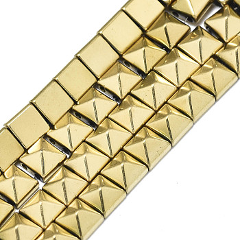 Electroplate Non-magnetic Synthetic Hematite Multi-Strand Links, 2 Hole, for Tile Elastic Bracelets Making, Pyramid, Real 18K Gold Plated, 6x6x4mm, Hole: 1mm, about 67~68pcs/strand, 15.75 inch(40cm)