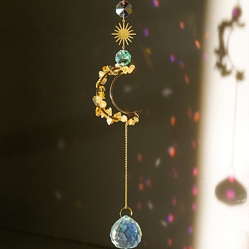 Natural Citrine Chip Pendant Decorations, Suncatchers, with Glass, Moon, 330~350mm