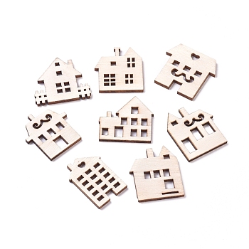 Laser Cut Wood Shapes, Unfinished Wooden Embellishments, Poplar Wood Cabochons, House, Blanched Almond, 26.5~29.5x19.5~25.5x2.5mm, about 100pcs/bag