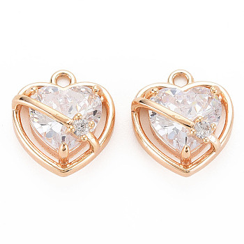 Brass Micro Pave Cubic Zirconia Charms, Real 18K Gold Plated, Nickel Free, Heart, Clear, 13x11.5x7mm, Hole: 1.2mm
