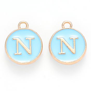 Golden Plated Alloy Enamel Charms, Cadmium Free & Lead Free, Enamelled Sequins, Flat Round with Letter, Sky Blue, Letter.N, 14x12x2mm, Hole: 1.5mm