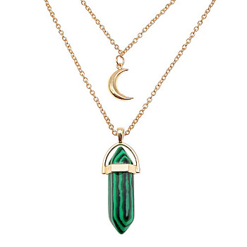 Natural Malachite Cone Pendant Double Layer Necklace, with Moon Charms, 19.69 inch(50cm)