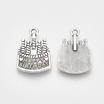 Tibetan Style Alloy Pendants, Cadmium Free & Lead Free, Cake Word with Happy Birthday, Antique Silver, 21.5x15x2mm, Hole: 1.8mm