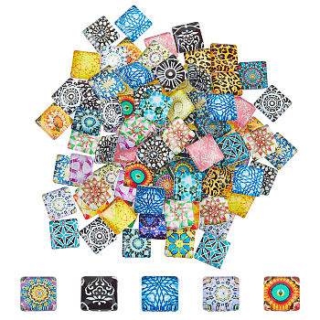 Mosaic Printed Glass Cabochons, Square, 10x10x4mm, 100pcs/box