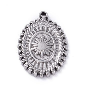 304 Stainless Steel Pendants,  Oval with Flower, Stainless Steel Color, 19.5x13.5x2mm, Hole: 0.8mm