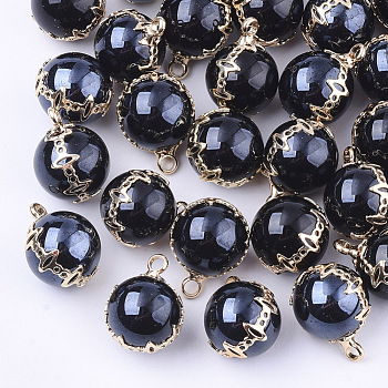 Transparent Glass Pendants, with Brass Findings, Round, Light Gold, Black, 17x13x12.5mm, Hole: 2mm