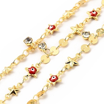 Enamel Star with Evil Eye & Brass Flat Round Link Chains, with Clear Glass Charms, Soldered, with Spools, Real 18K Gold Plated, Red, 11x6x2.7mm, 10.5x5.5x2.3mm