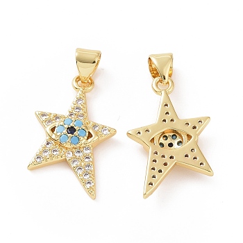 Brass Micro Pave Cubic Zirconia Pendants, Star with Evil Eye Charm, Golden, 26x14x3.5mm, Hole: 5x3mm