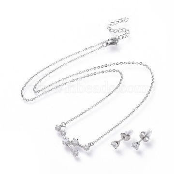 304 Stainless Steel Jewelry Sets, Brass Micro Pave Cubic Zirconia Pendant Necklaces and 304 Stainless Steel Stud Earrings, with Ear Nuts/Earring Back, Twelve Constellations, Clear, Taurus, 465x1.5mm(X-SJEW-F211-01J-P)
