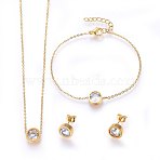304 Stainless Steel Jewelry Sets, Pendant Necklaces & Stud Earrings & Bracelets, with Cubic Zirconia, Flat Round, Golden, 17.7 inch(45cm), 180mm, 9~10x4mm, pin: 0.8mm(SJEW-H137-24G)