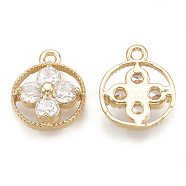 Brass Charms, Real 18K Gold Plated, with Cubic Zirconia, Flat Round, Clear, 12x9.5x3.5mm, Hole: 1.2mm(KK-S348-047)