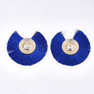 Polyester Tassel Big Pendant Decorations, with Iron Findings, Fan, Light Gold, Blue, 73~77x78~83x5~6mm, Hole: 1.2mm(FIND-T035-04B)