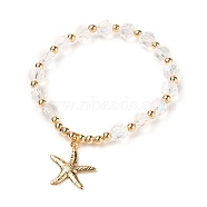 Brass Starfish Charm Bracelets, Stretch Bracelets, with Round Brass Beads and Faceted Glass Beads, Golden, Clear AB, Inner Diameter: 2-1/4 inch(5.7cm)(BJEW-JB05571-03)