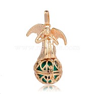Golden Plated Brass Hollow Round Cage Pendants, with No Hole Spray Painted Brass Round Beads, Angel, Sea Green, 44x29x20mm, Hole: 3x8mm(KK-J249-07G)