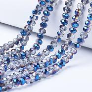 Electroplate Transparent Glass Beads Strands, Half Plated, Faceted, Rondelle, Blue Plated, 4x3mm, Hole: 0.4mm, about 123~127pcs/strand, 16.5~16.9 inch(42~43cm)(EGLA-A034-T4mm-Z01)