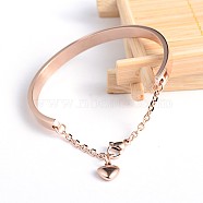 304 Stainless Steel Bracelets, with Heart Charms and Extender Chain, Rose Gold, 1-5/8 inchx2-1/4 inch(42x58mm)(BJEW-H0003-10RG)