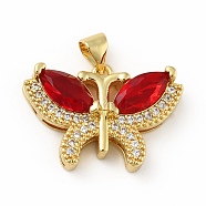 Brass Micro Pave Cubic Zirconia Pendants, Cadmium Free & Lead Free, Long-Lasting Plated, Butterfly, Real 18K Gold Plated, FireBrick, 16.5x23.5x6mm, Hole: 3.5x3.5mm(KK-B059-34G-B)